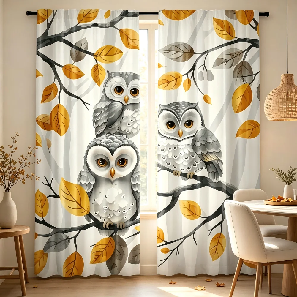 Family Tree Print - 2PCS Digital Printed Curtain, Autumn Owl